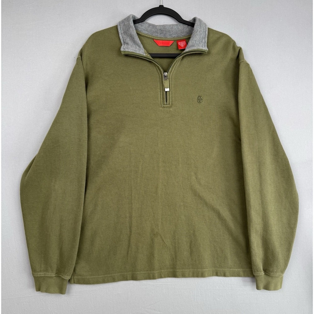 Izod 1/4 Zip Pullover Sweater Mens Large L 100% Cotton‎ Olive Green Sweatshirt